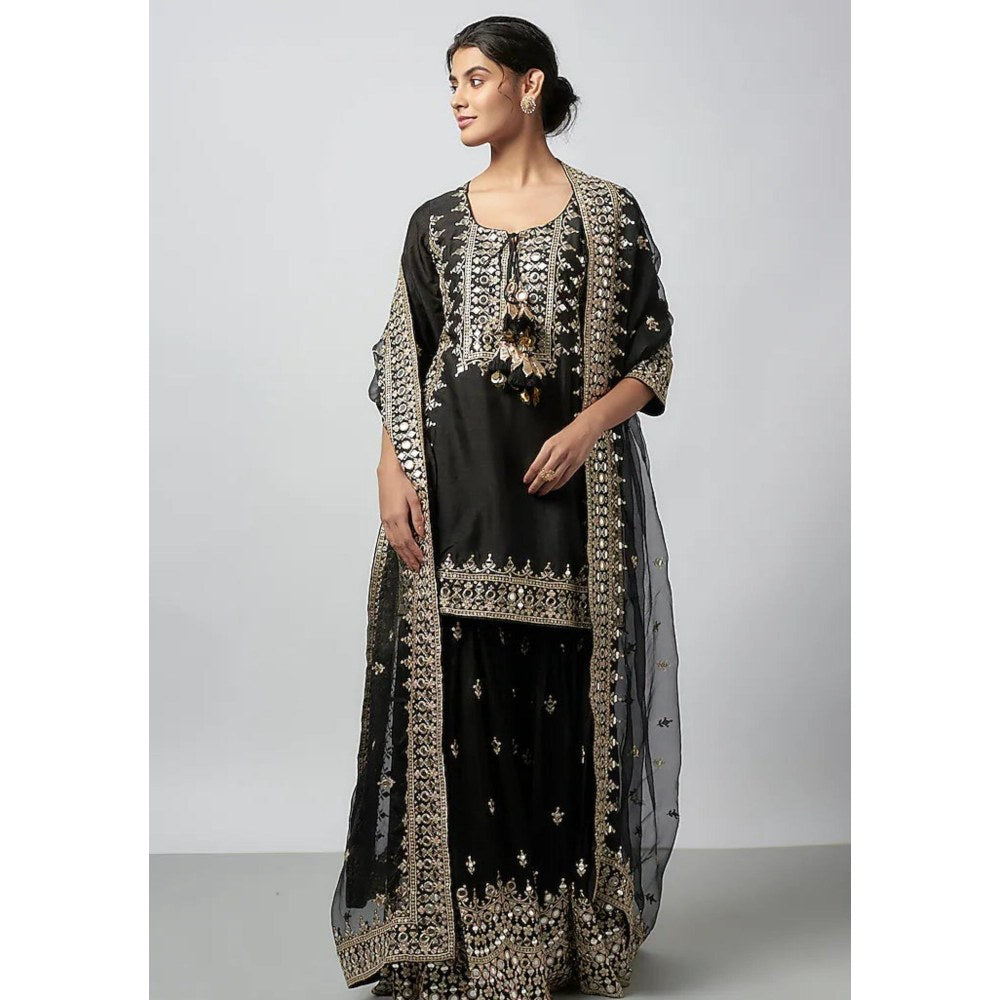 Gopi Vaid Pariza Black Embroidered Kurta with Sharara and Dupatta