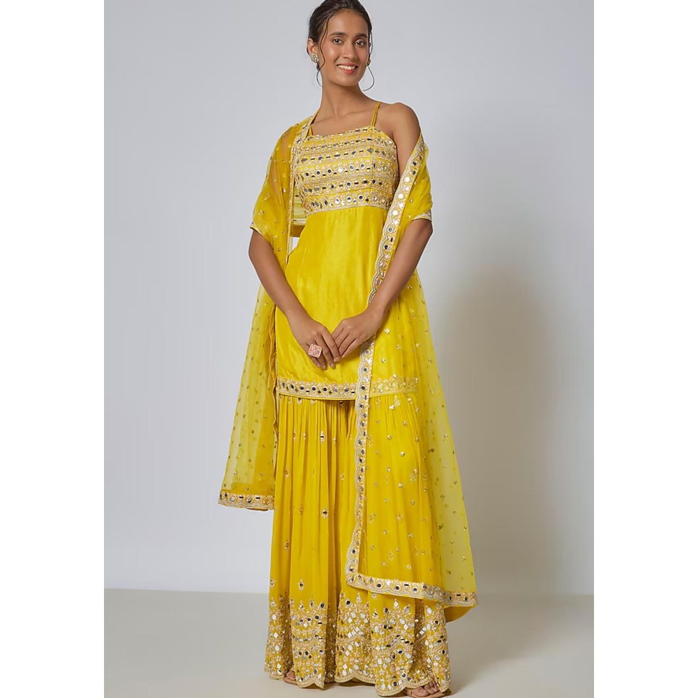 Gopi Vaid Kiah Yellow Embroidered Kurta with Sharara and Dupatta