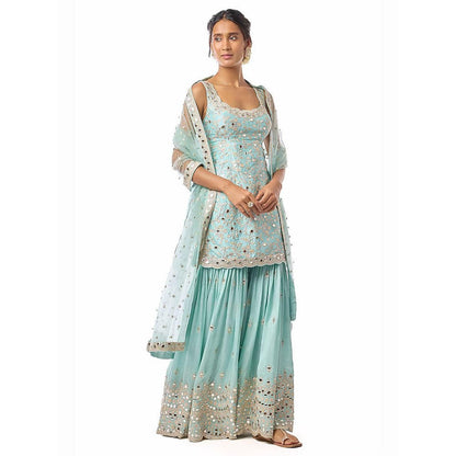Gopi Vaid Soneera Blue Floral Kurta with Sharara and Dupatta