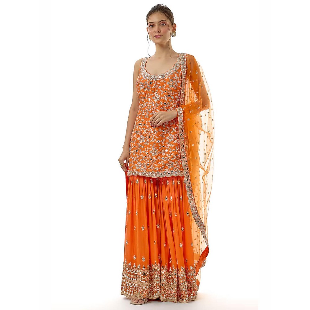 Gopi Vaid Soneera Orange Embroidered Kurta with Sharara and Dupatta
