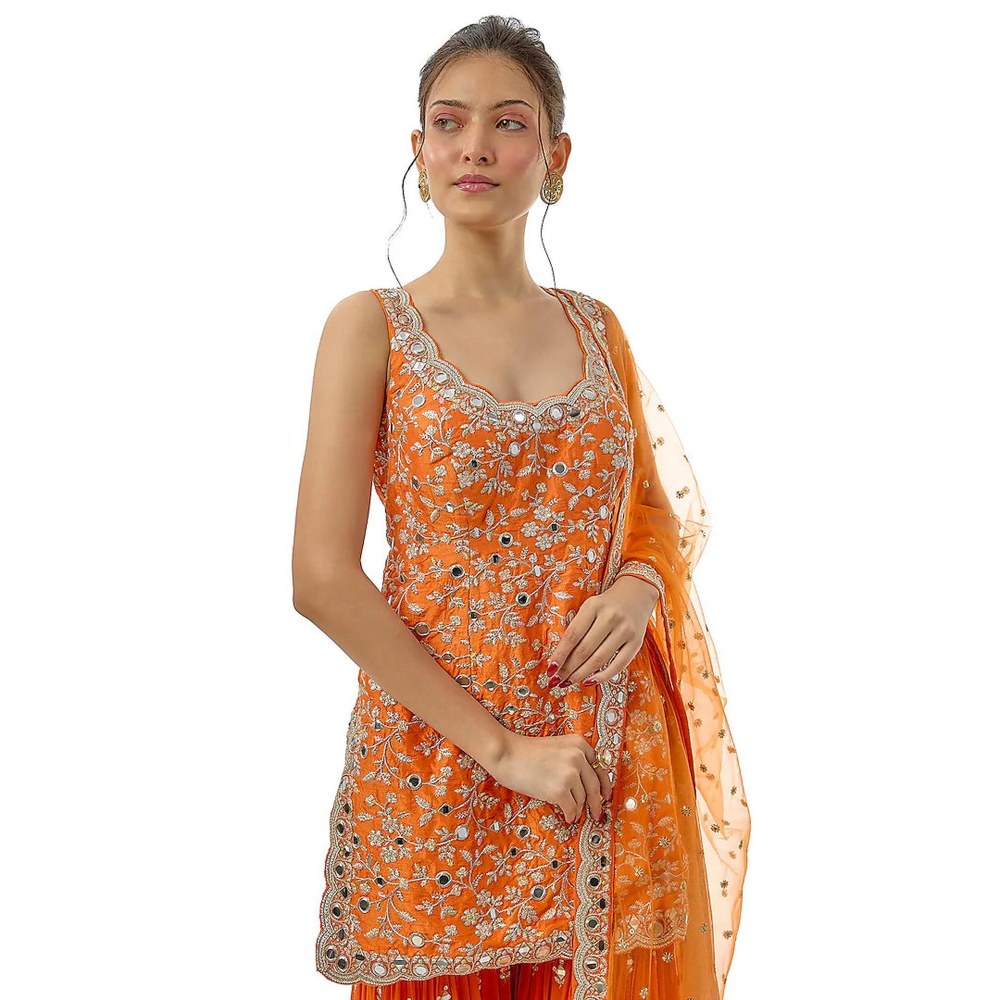 Gopi Vaid Soneera Orange Embroidered Kurta with Sharara and Dupatta