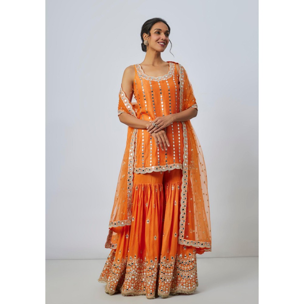 Gopi Vaid Hrida Orange Embroidered Kurta with Sharara and Dupatta