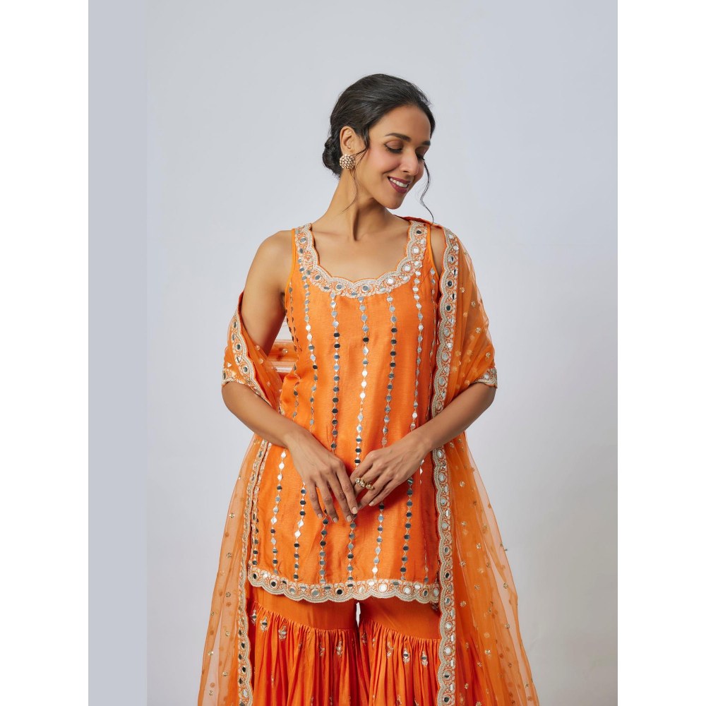 Gopi Vaid Hrida Orange Embroidered Kurta with Sharara and Dupatta