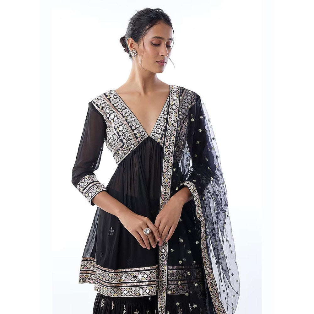 Gopi Vaid Inika Black Embroidered Kurta with Sharara and Dupatta