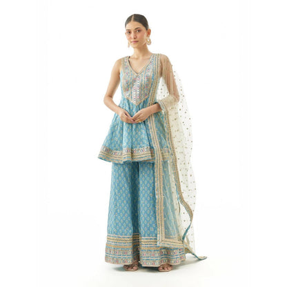 Gopi Vaid Simoni Blue Embroidered Kurta with Sharara and Dupatta