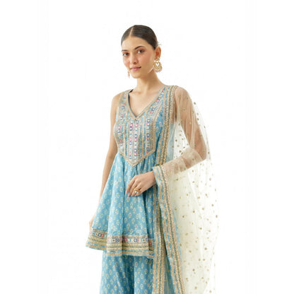 Gopi Vaid Simoni Blue Embroidered Kurta with Sharara and Dupatta