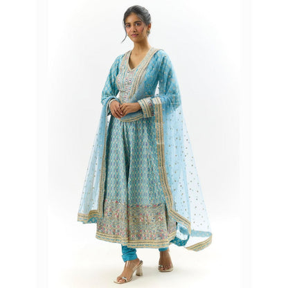 Gopi Vaid Prisha Blue Embroidered Anarkali Kurta with Churidar and Dupatta