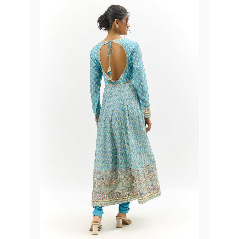 Gopi Vaid Prisha Blue Embroidered Anarkali Kurta with Churidar and Dupatta
