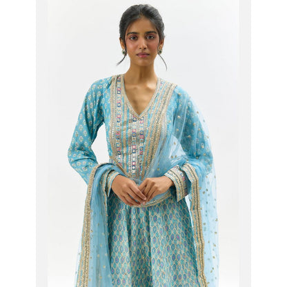 Gopi Vaid Prisha Blue Embroidered Anarkali Kurta with Churidar and Dupatta