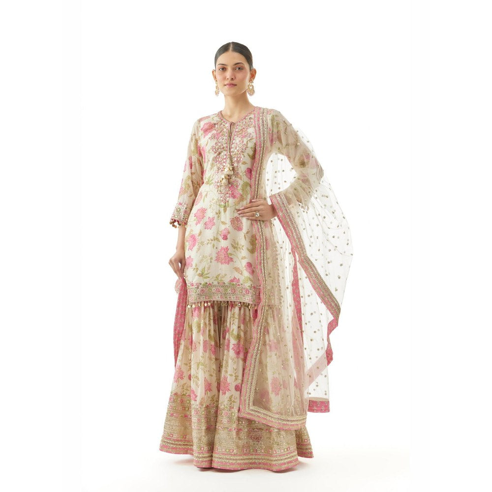 Gopi Vaid Niyati Ivory Floral Kurta with Sharara and Dupatta