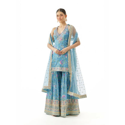 Gopi Vaid Dhvanika Blue Embroidered Kurta with Sharara and Dupatta
