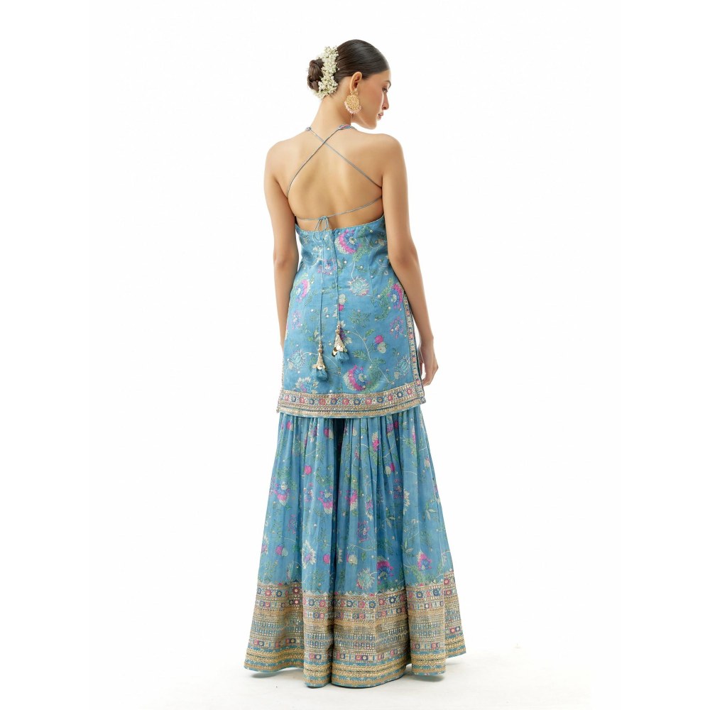 Gopi Vaid Dhvanika Blue Embroidered Kurta with Sharara and Dupatta