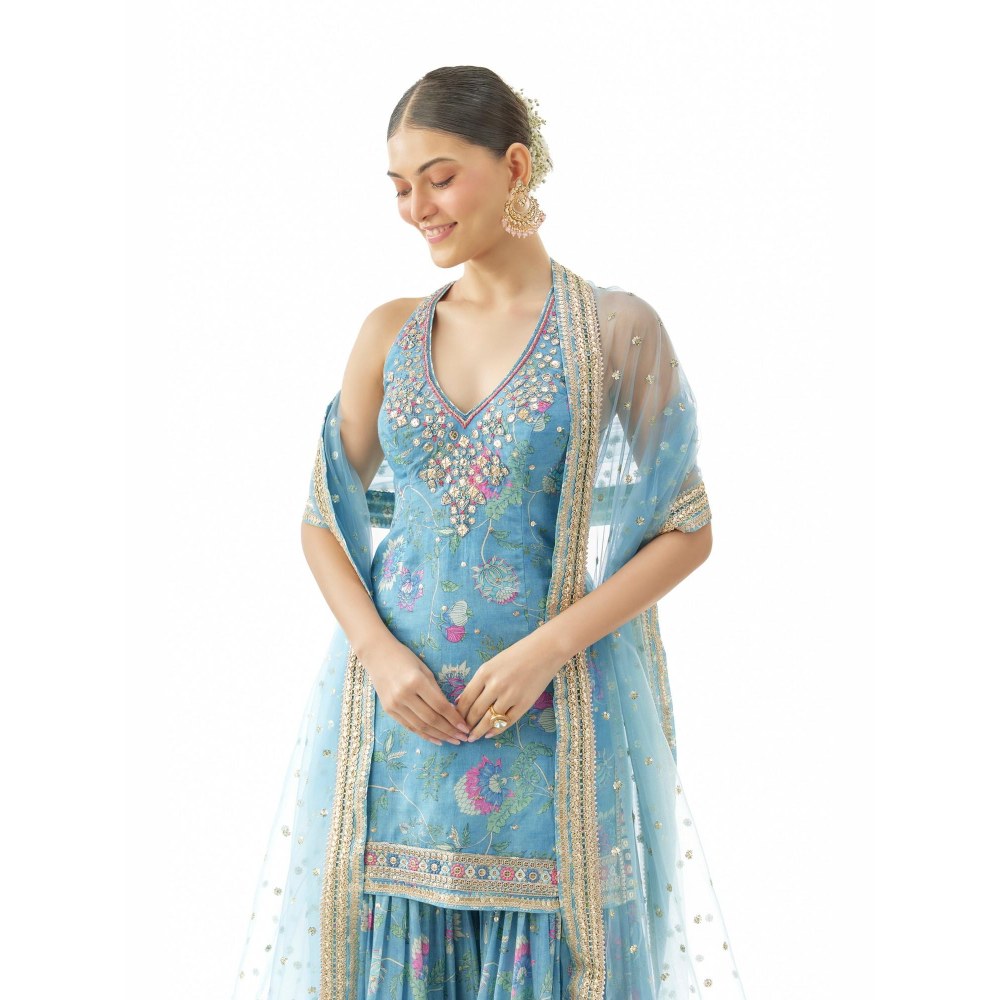Gopi Vaid Dhvanika Blue Embroidered Kurta with Sharara and Dupatta