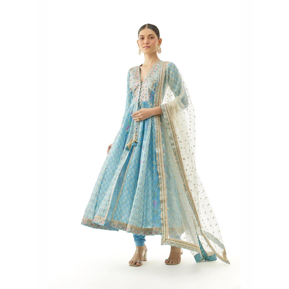 Gopi Vaid Reyna Blue Floral Anarkali Kurta with Churidar and Dupatta