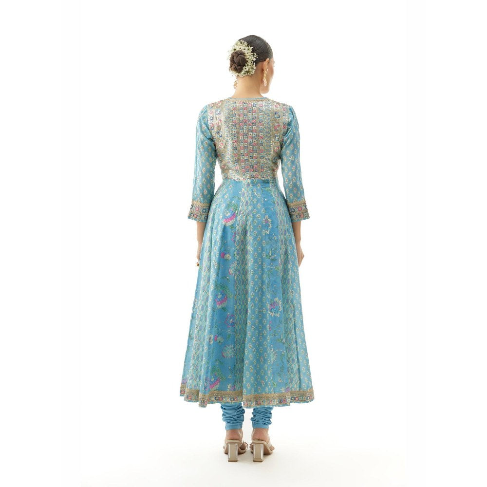 Gopi Vaid Reyna Blue Floral Anarkali Kurta with Churidar and Dupatta