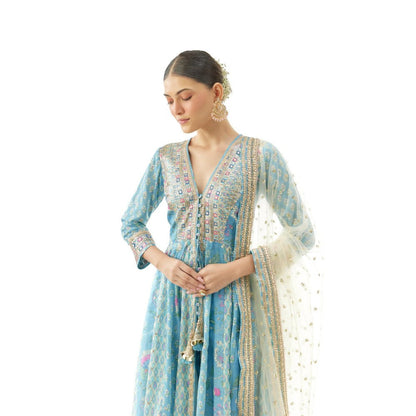 Gopi Vaid Reyna Blue Floral Anarkali Kurta with Churidar and Dupatta