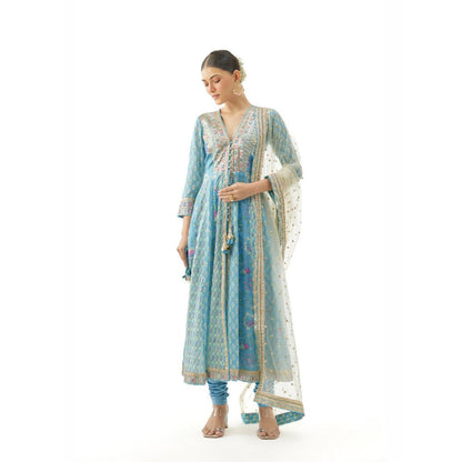 Gopi Vaid Reyna Blue Floral Anarkali Kurta with Churidar and Dupatta