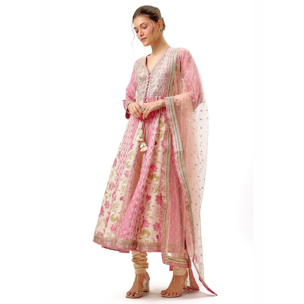 Gopi Vaid Reyna Pink Floral Anarkali Kurta with Churidar and Dupatta