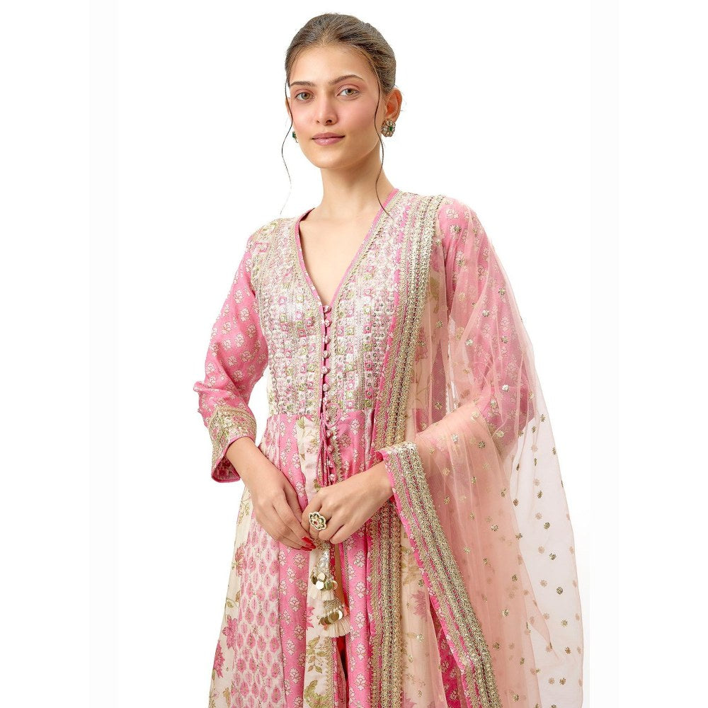 Gopi Vaid Reyna Pink Floral Anarkali Kurta with Churidar and Dupatta