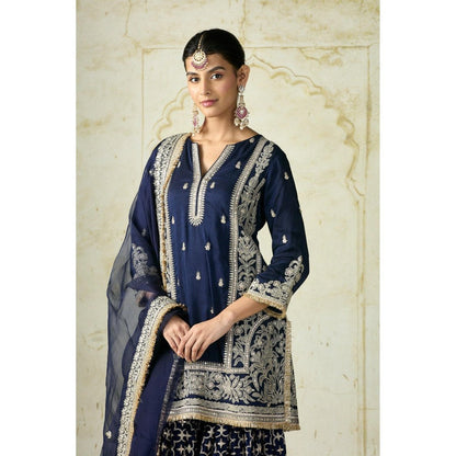 Gopi Vaid Mumtaz Navy Blue Embroidered Kurta with Sharara and Dupatta