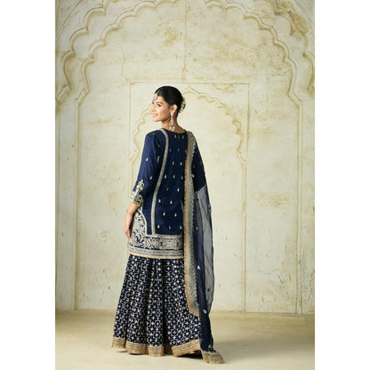 Gopi Vaid Mumtaz Navy Blue Embroidered Kurta with Sharara and Dupatta