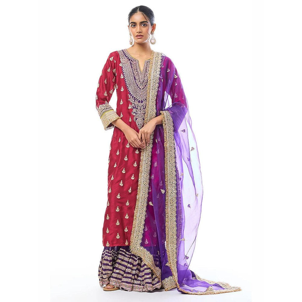 Gopi Vaid Fator Red Embroidered Kurta with Sharara and Dupatta