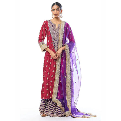 Gopi Vaid Fator Red Embroidered Kurta with Sharara and Dupatta