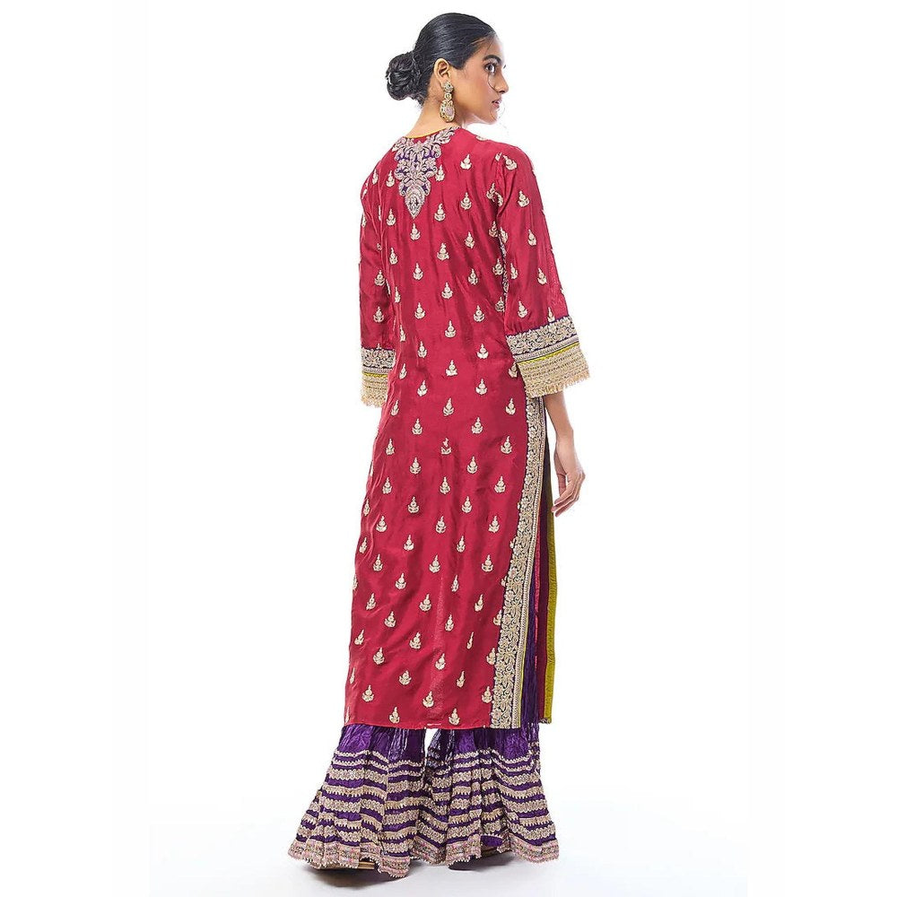 Gopi Vaid Fator Red Embroidered Kurta with Sharara and Dupatta
