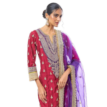 Gopi Vaid Fator Red Embroidered Kurta with Sharara and Dupatta