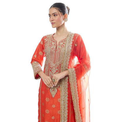 Gopi Vaid Badeeah Orange Embroidered Kurta with Palazzo and Dupatta