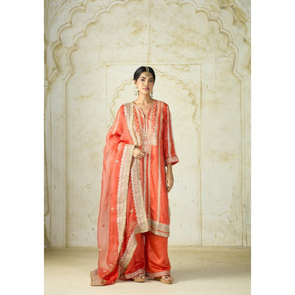Gopi Vaid Lakshmi Orange Embroidered Kurta with Palazzo and Dupatta