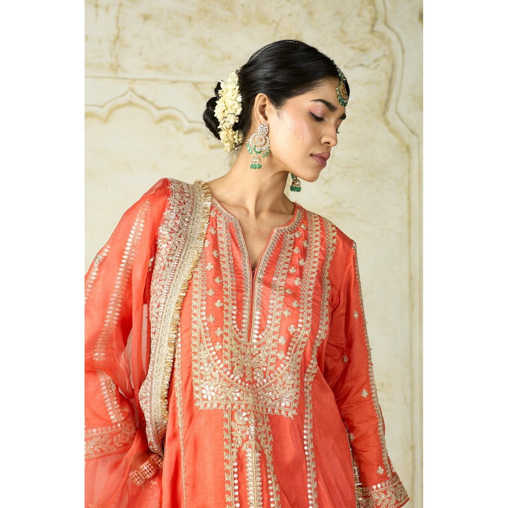 Gopi Vaid Lakshmi Orange Embroidered Kurta with Palazzo and Dupatta