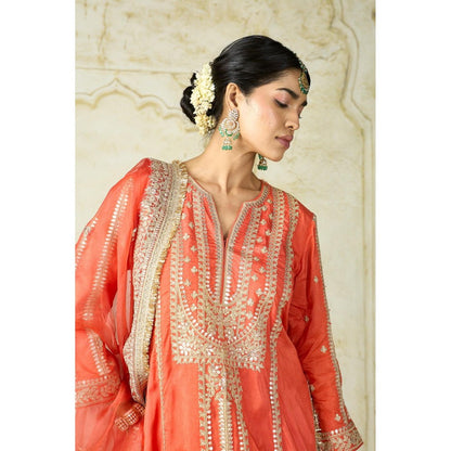 Gopi Vaid Lakshmi Orange Embroidered Kurta with Palazzo and Dupatta