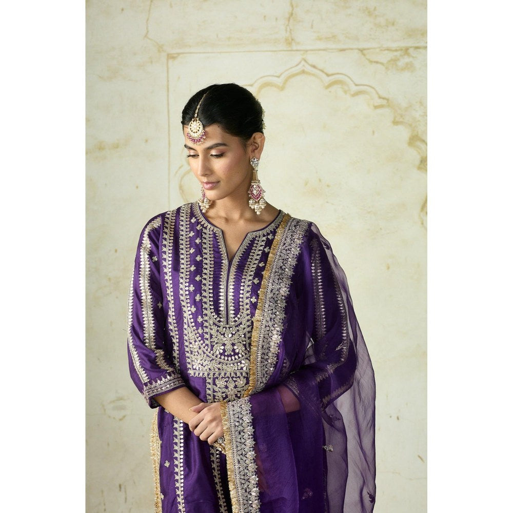 Gopi Vaid Lakshmi Purple Embroidered Kurta with Palazzo and Dupatta