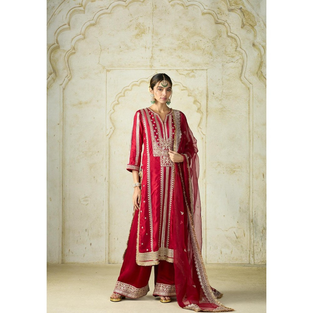 Gopi Vaid Lakshmi Red Embroidered Kurta with Palazzo and Dupatta