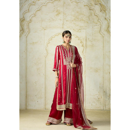 Gopi Vaid Lakshmi Red Embroidered Kurta with Palazzo and Dupatta