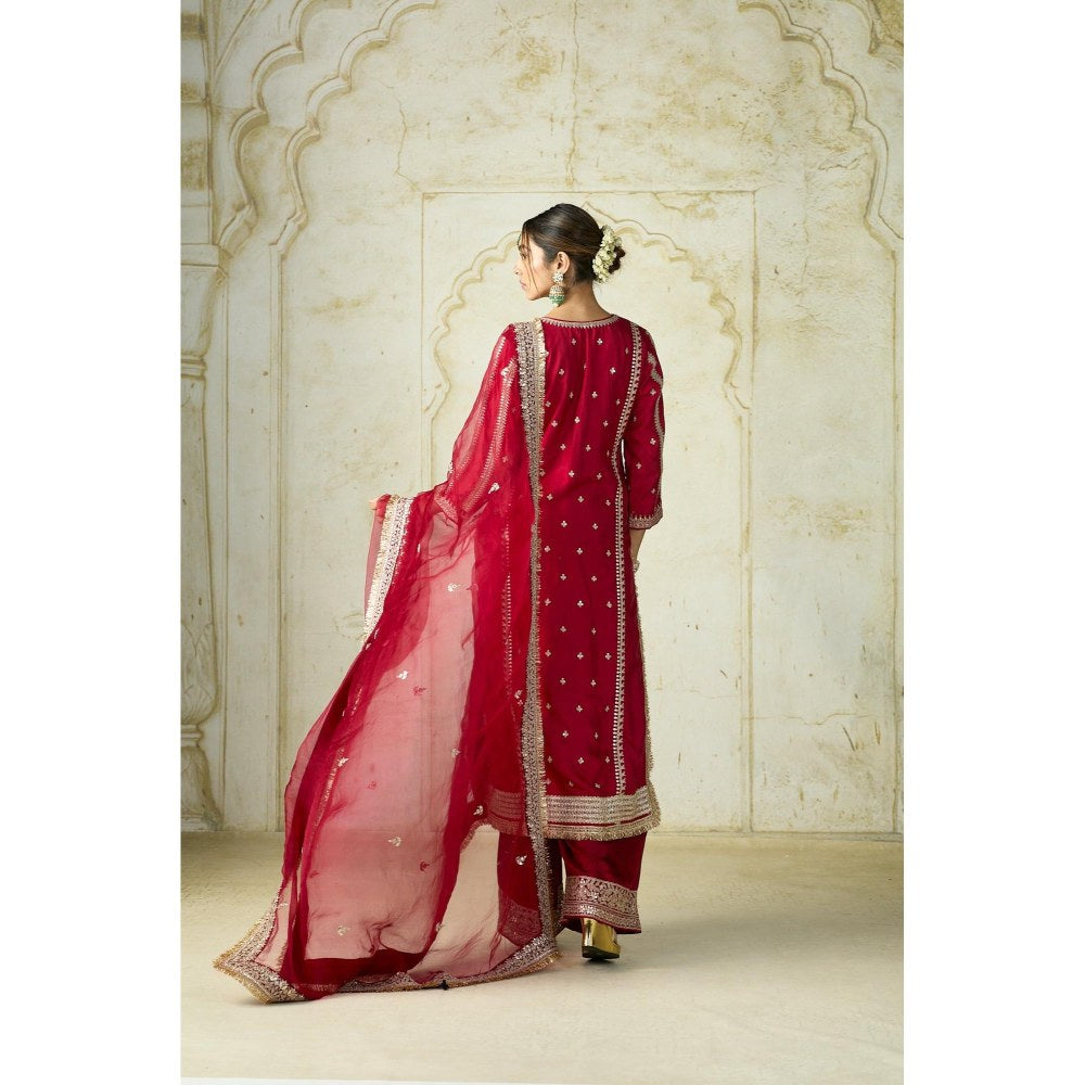 Gopi Vaid Lakshmi Red Embroidered Kurta with Palazzo and Dupatta
