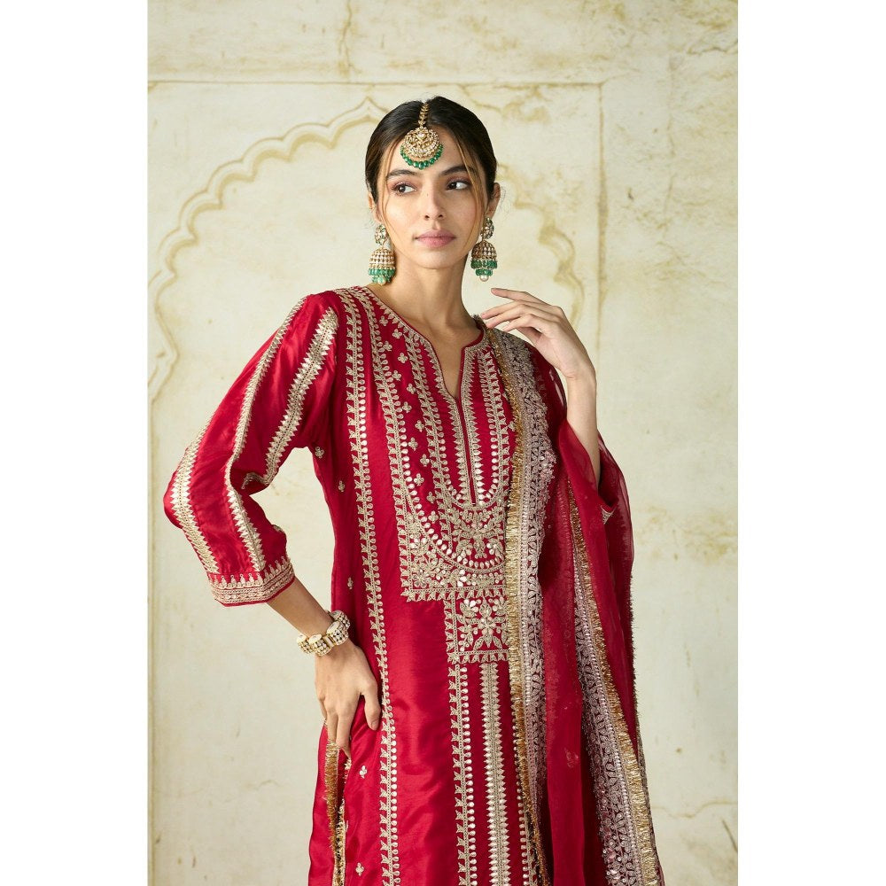 Gopi Vaid Lakshmi Red Embroidered Kurta with Palazzo and Dupatta