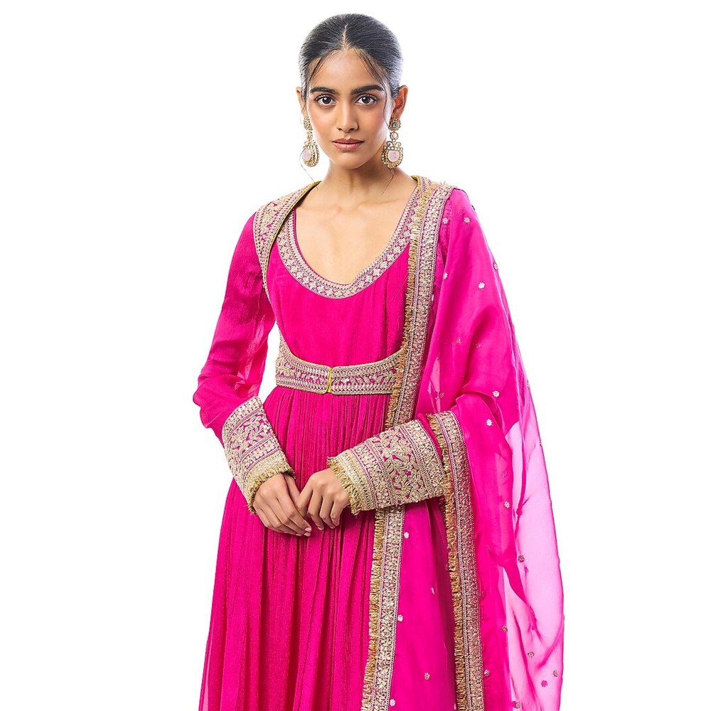 Gopi Vaid Afsa Pink Embroidered Anarkali Kurta with Jacket ,Pant and Dupatta