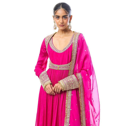 Gopi Vaid Afsa Pink Embroidered Anarkali Kurta with Jacket ,Pant and Dupatta