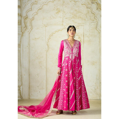 Gopi Vaid Meher Pink Embroidered Anarkali Kurta with Palazzo and Dupatta