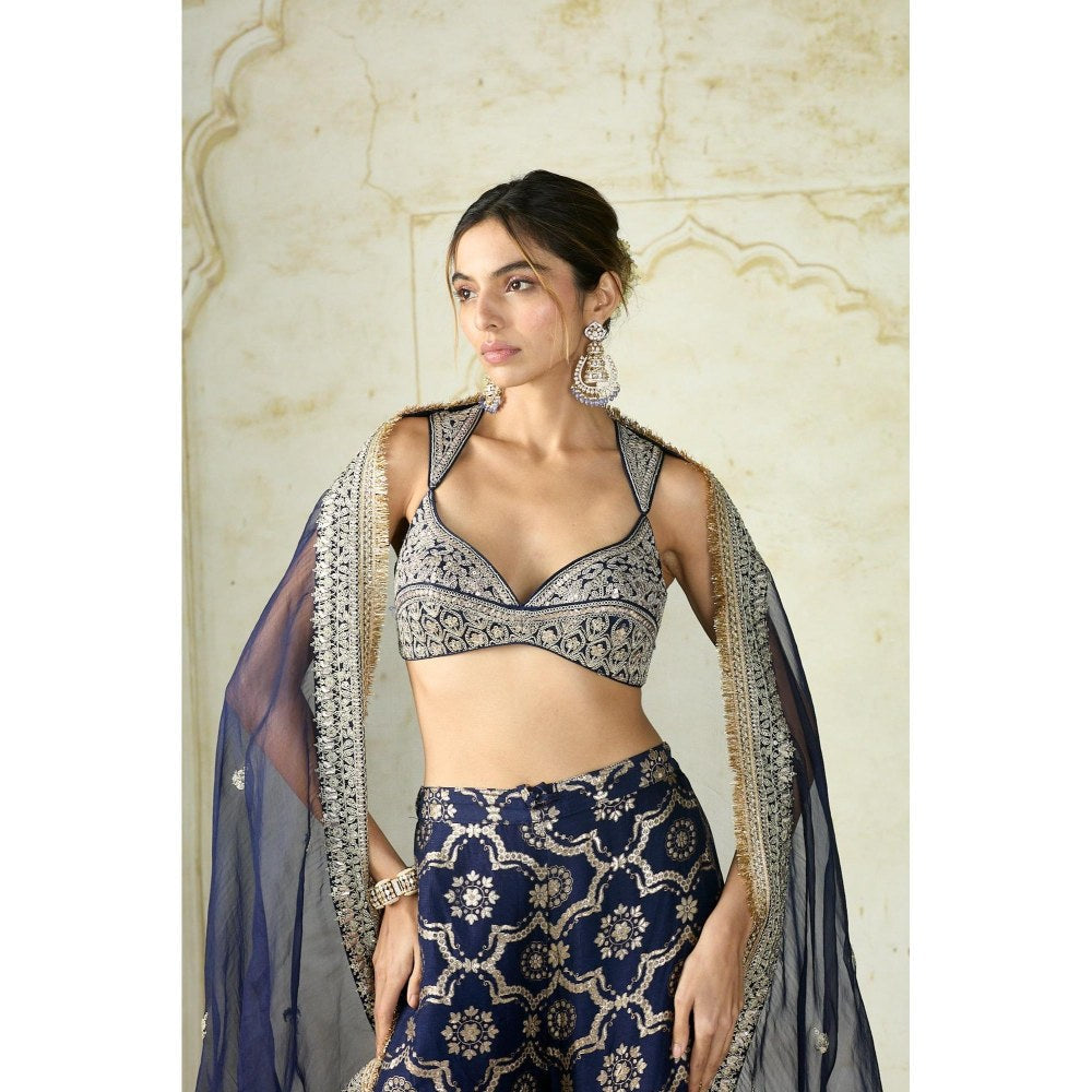 Gopi Vaid Farhat Navy Blue Embroidered Blouse with Sharara and Dupatta