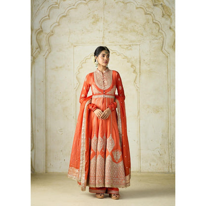 Gopi Vaid Wajiha Orange Embroidered Anarkali Kurta with Palazzo and Dupatta