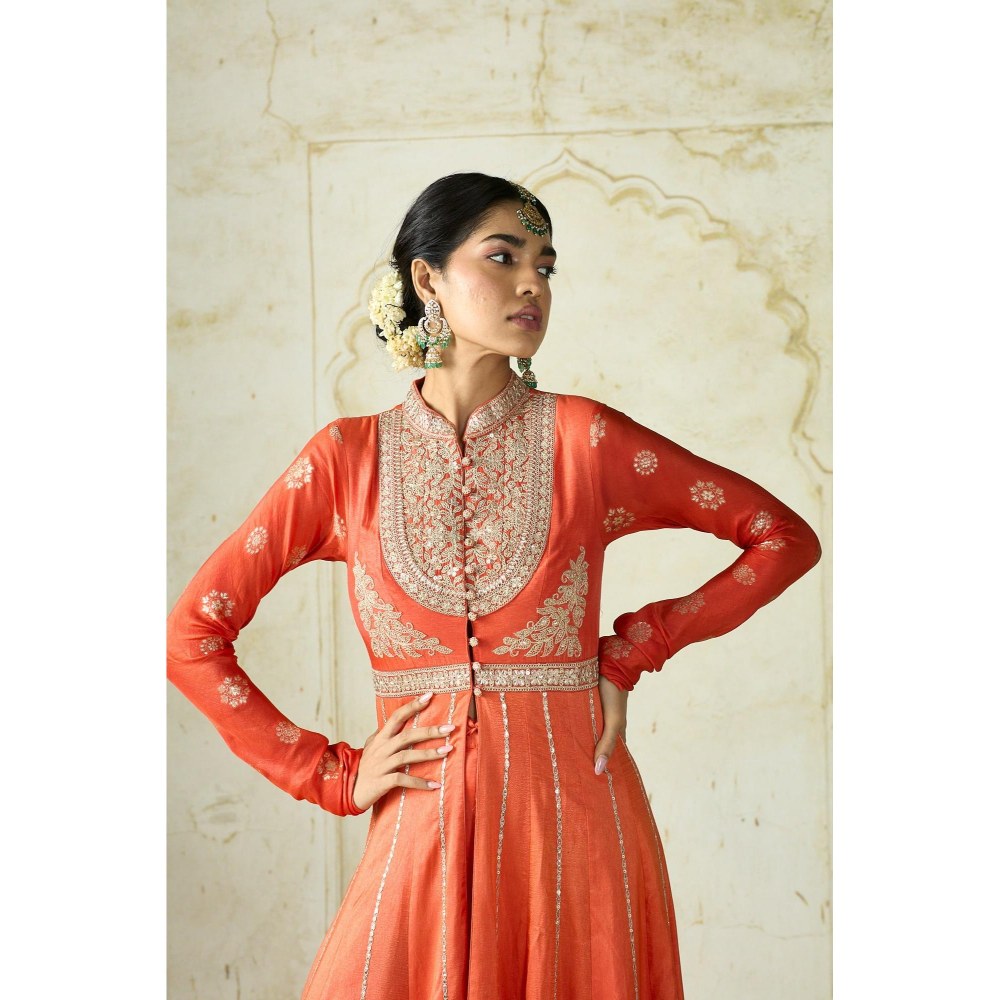 Gopi Vaid Wajiha Orange Embroidered Anarkali Kurta with Palazzo and Dupatta