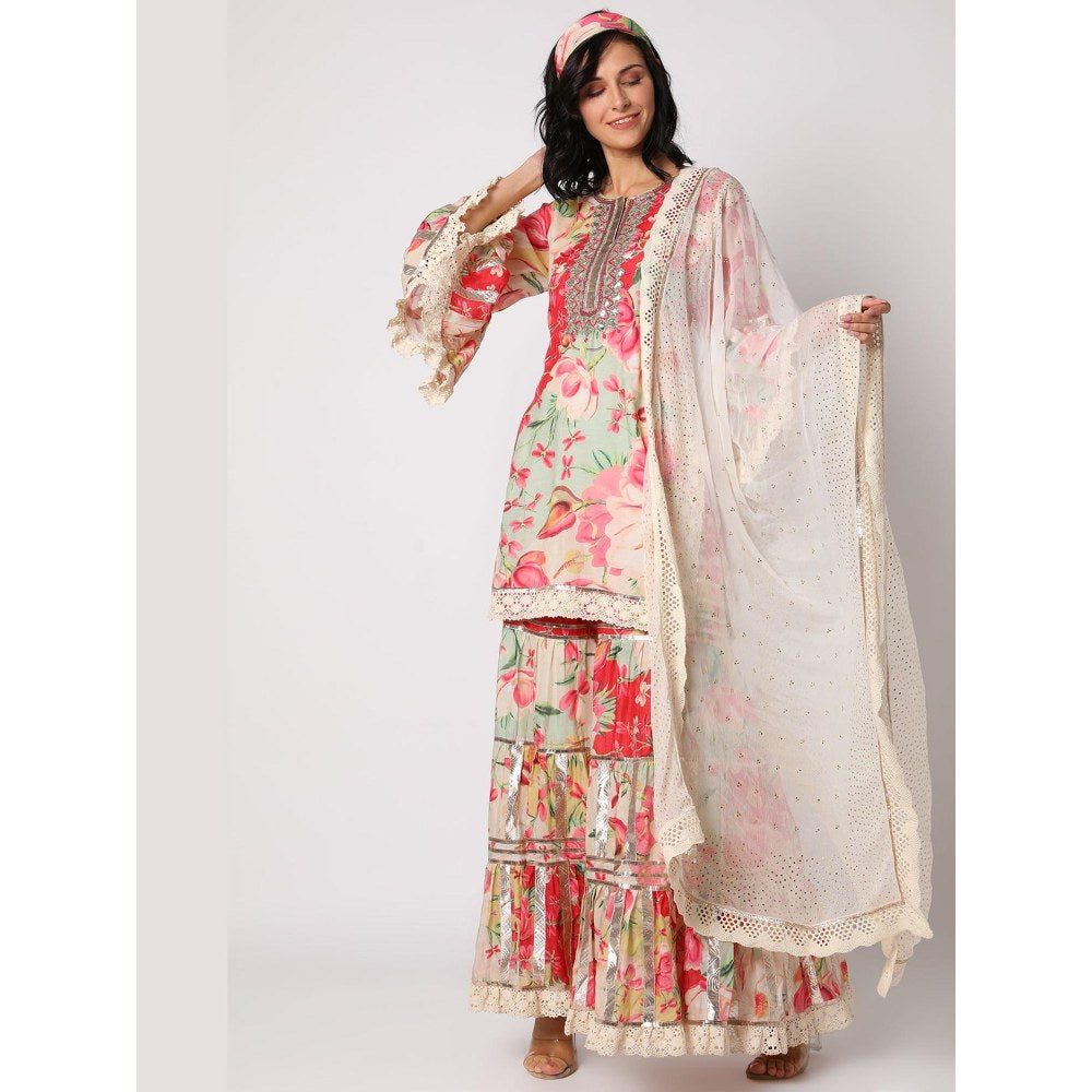 Gopi Vaid Khushi Red Floral Kurta with Sharara and Dupatta