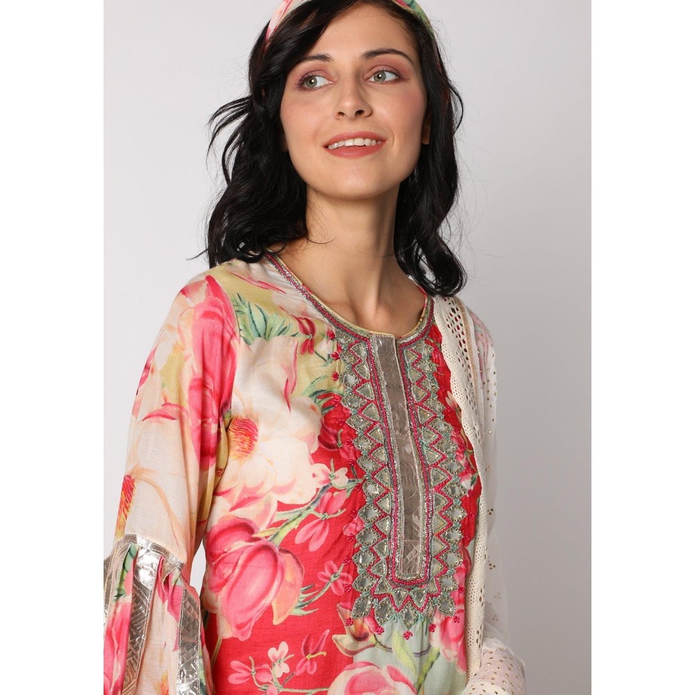 Gopi Vaid Khushi Red Floral Kurta with Sharara and Dupatta