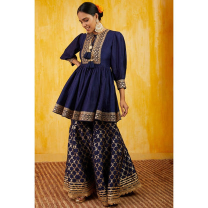Gopi Vaid Marigold Navy Blue Embroidered Kurta with Sharara