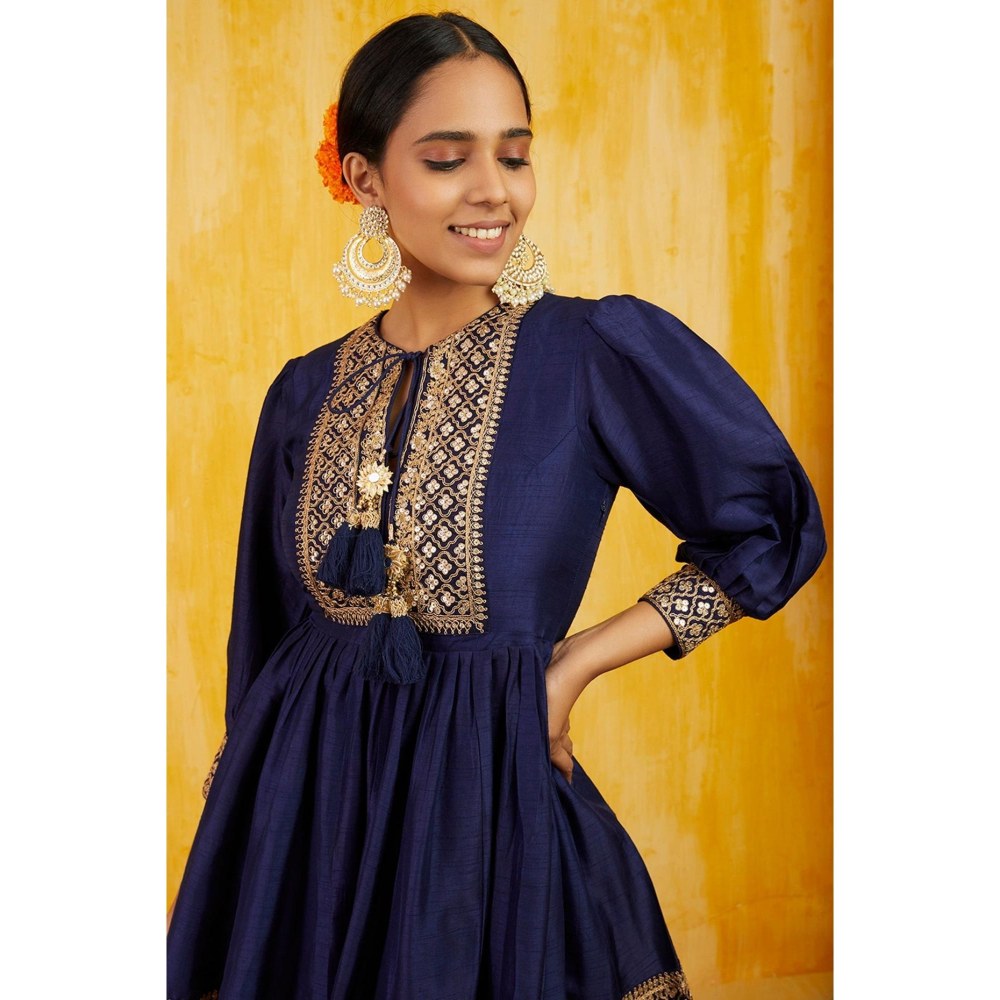 Gopi Vaid Marigold Navy Blue Embroidered Kurta with Sharara