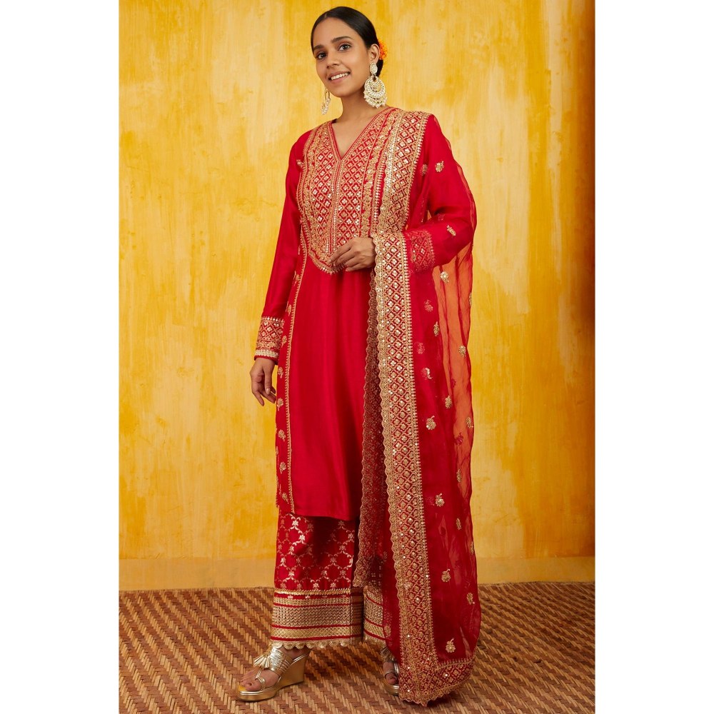 Gopi Vaid Marigold Red Embroidered Kurta with Palazzo and Dupatta