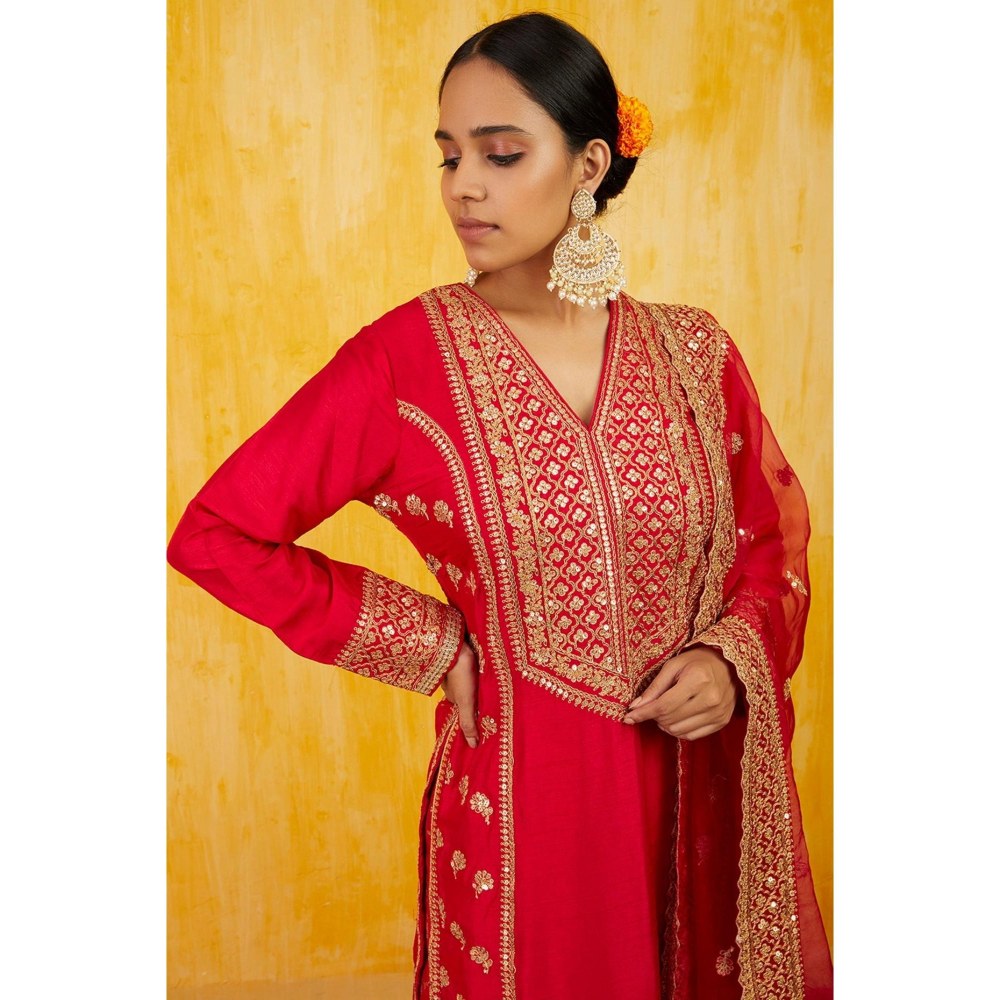 Gopi Vaid Marigold Red Embroidered Kurta with Palazzo and Dupatta